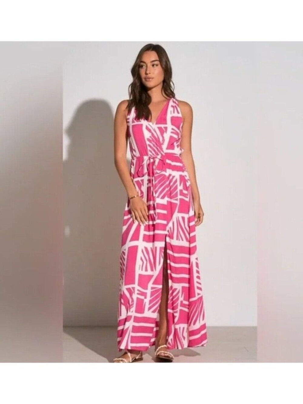 Elan Fuchsia Pink White Sleeveless Maxi Dress MEDIUM Sheer Spaghetti Straps